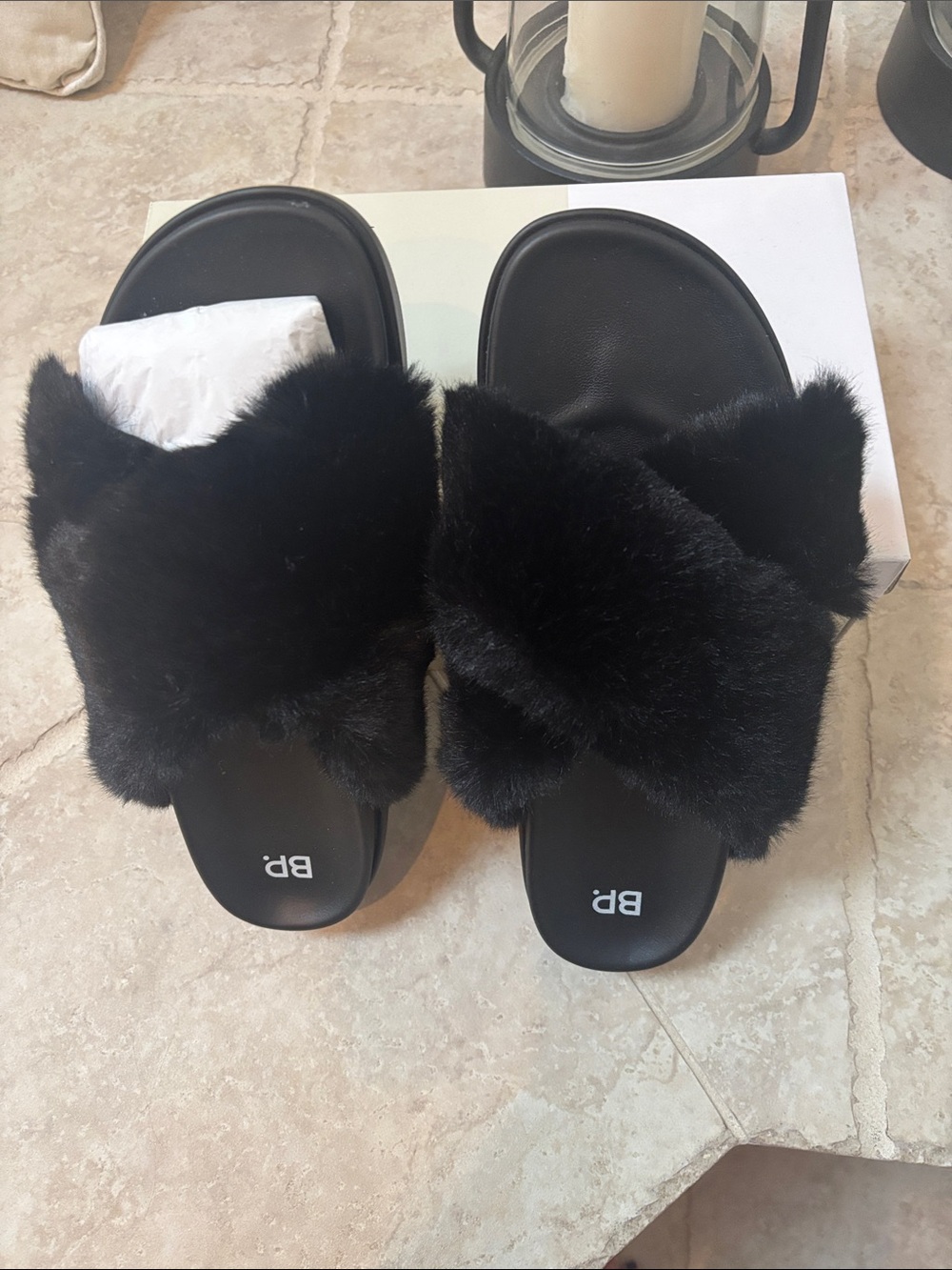 bp Black Faux Fur Crossover Slide Sandals for Women